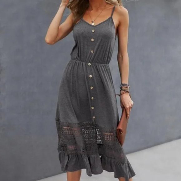 Gray Lace Buttons detail Ruffle Hem Cami Dress - Picture 3 of 6